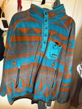 Kavu Teal and Rust Aztec Pullover Fleece Hoodie